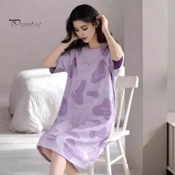 Женская летняя ночная рубашка с мультяшным принтом и круглым вырезом, свободный пуловер с короткими рукавами, до колена, домашняя одежда, платье, женская повседневная ночная рубашка, одежда для сна светло-розовый