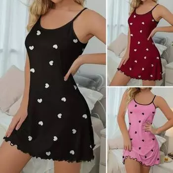 Женская летняя ночная рубашка с принтом в виде сердца, присборенная кромка, без рукавов, открытая спина, тонкие бретельки, А-силуэта, мини-платье для сна, тонкая ночная рубашка выше колена S розовый