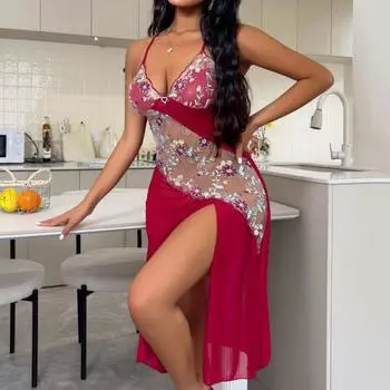 Женская летняя ночная рубашка с регулируемыми бретельками-спагетти, открытая спина, цветочная вышивка, глубокий V-образный вырез S красный