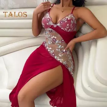 Женская летняя ночная рубашка с регулируемыми бретельками-спагетти, открытой спиной, цветочной вышивкой, глубоким V-образным вырезом, без рукавов, кружевной отделкой, разрезом по низу, ночная рубашка для спальни S красный