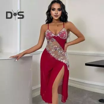 Женская летняя ночная рубашка с регулируемыми бретельками-спагетти, открытой спиной, цветочной вышивкой, глубоким V-образным вырезом, без рукавов, кружевной отделкой, разрезом по низу, ночная рубашка для спальни S красный