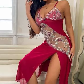 Женская летняя ночная рубашка с регулируемыми бретельками-спагетти, открытой спиной, цветочной вышивкой, глубоким V-образным вырезом, без рукавов, кружевной отделкой, разрезом по подолу, ночная рубашка, платье-комбинация S красный