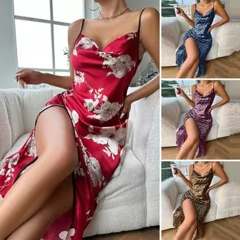 Женская летняя ночная рубашка с v-образным вырезом на тонких бретельках, без рукавов, с разрезом подол, с леопардовым принтом, тонкое платье для сна длиной до середины икры M красный
