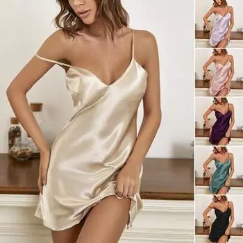 Женская летняя ночная рубашка с V-образным вырезом, тонкие бретельки, регулируемые бретели, сплошной цвет, атласное спальное платье без рукавов, женская ночная рубашка, женская одежда S чёрный