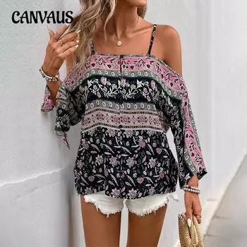 Женская летняя новая блузка с бретелью через шею и рукавами «летучая мышь» в этническом стиле с принтом S чёрный