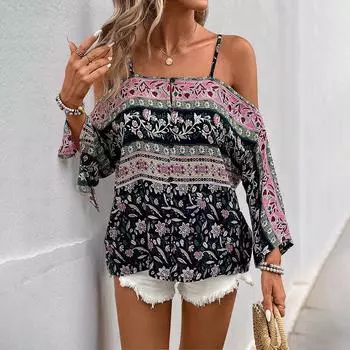 Женская летняя новая блузка с бретелью через шею и рукавами «летучая мышь» в этническом стиле с принтом S чёрный