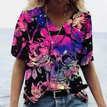 Женская летняя новая футболка с 3D принтом черепа и v-образным вырезом, футболка с короткими рукавами, повседневная забавная футболка ужасов в стиле Харадзюку, универсальная одежда Y2K XS-6XL S