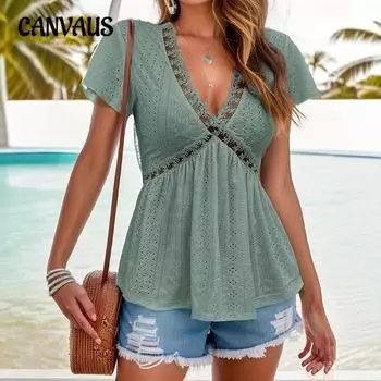 Женская летняя новая футболка с короткими рукавами из жаккарда, топы из кружева с V-образным вырезом XS белый