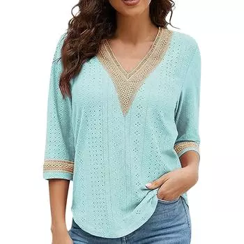 Женская летняя новая кружевная повседневная однотонная рубашка с v-образным вырезом и семиточечным рукавом L светло-синий