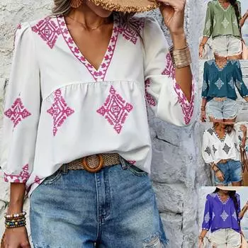 Женская летняя новая модная блузка с принтом в виде сумки, рукавом три четверти и V-образным вырезом S