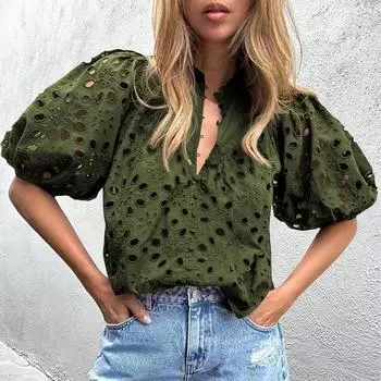 Женская летняя новая модная повседневная кружевная рубашка с v-образным вырезом и пуговицами с пышными рукавами L армия зеленый