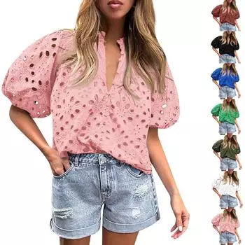 Женская летняя новая модная повседневная кружевная рубашка с v-образным вырезом и пуговицами с пышными рукавами L
