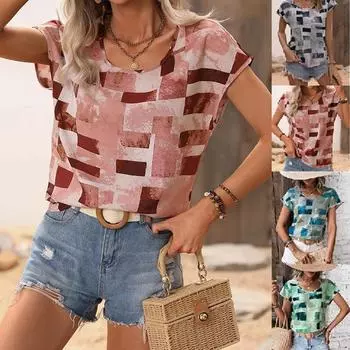 Женская летняя новая модная свободная блузка с геометрическим принтом, повседневный топ, женский тренд S светло-серый