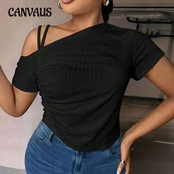 Женская летняя новая облегающая однотонная блузка с открытыми плечами и диагональным воротником 1XL чёрный