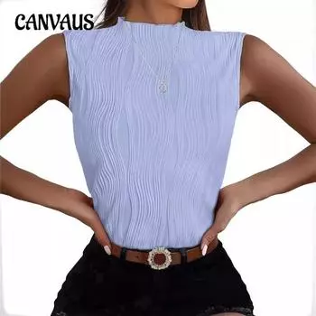 Женская летняя новая однотонная футболка без рукавов с высоким воротом и тонким жилетом S светло-синий