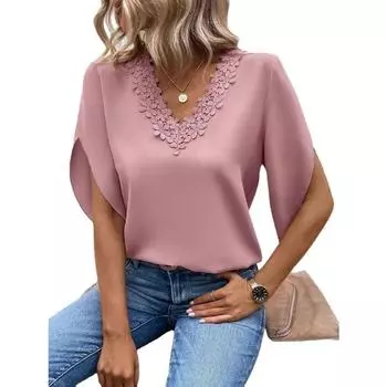 Женская летняя новая однотонная кружевная рубашка свободного кроя с V-образным вырезом и расклешенными рукавами, элегантная модная повседневная шифоновая универсальная рубашка-пуловер S