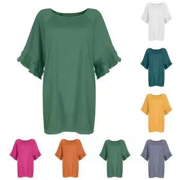 Женская летняя новая однотонная свободная футболка с круглым вырезом и рюшами L зелёный