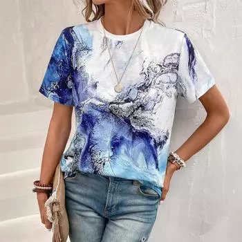 Женская летняя новая повседневная футболка с короткими рукавами и круглым вырезом с цветным градиентом S