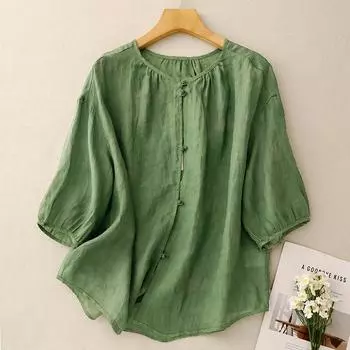 Женская летняя новая простая хлопковая и льняная китайская рубашка с пряжкой, однотонная, с круглым вырезом и рукавом семь четвертей M
