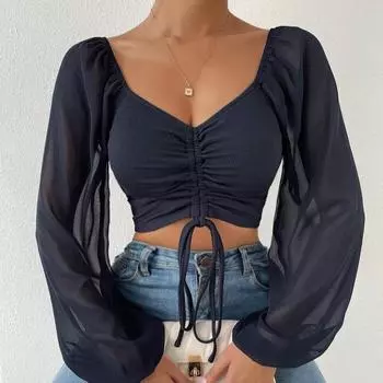 Женская летняя новая шифоновая блузка с V-образным вырезом, кулиской, рукавами-фонариками, облегающая, модная, сексуальная S чёрный