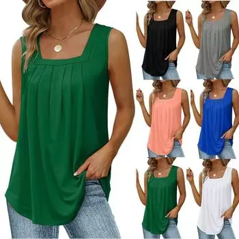 Женская летняя новая свободная майка без рукавов с квадратным вырезом и рюшами средней длины, футболка 5XL S зелёный