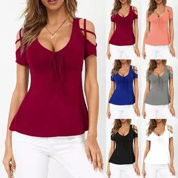 Женская летняя новая весенняя футболка с v-образным вырезом и перекрестным ремешком, с открытыми плечами и короткими рукавами S серый