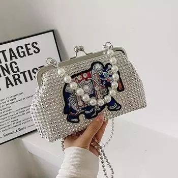 Женская летняя новинка 2023 года, женская сумка для тяжелой промышленности с зажимом для рта, инкрустированная водой и бриллиантами, ручная банкетная сумка через плечо с текстурой на одно плечо