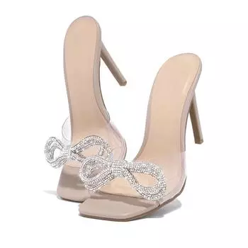Женская летняя обувь 2022 года, босоножки на высоком каблуке с бантом, сексуальные туфли-шпильки, женские туфли-лодочки с открытым носком, туфли для стриптиза на шесте, вечерние туфли 35 бежевый
