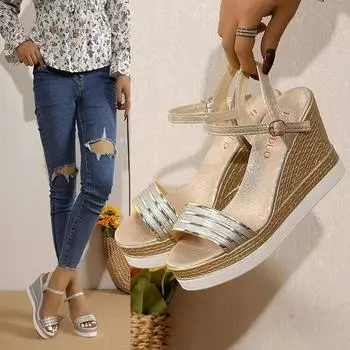 Женская летняя обувь Босоножки на танкетке Туфли на платформе Высокие каблуки Дизайнерские босоножки Удобные Большие размеры 35 золотой