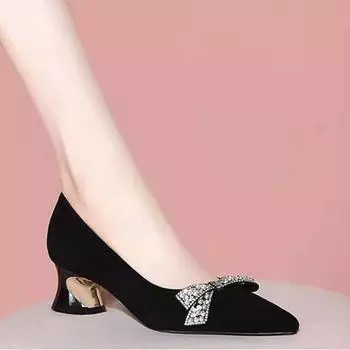 Женская летняя обувь Diamond Shoes for Woman 2024 Evening with Bow Black Toe Rhinestones Crystals Medium Heels ... 35