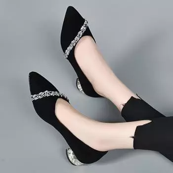 Женская летняя обувь Diamond Shoes for Woman 2024 Rhinestone Office Low Heel Elegant with Crystals Black Stylish on Promotion 35