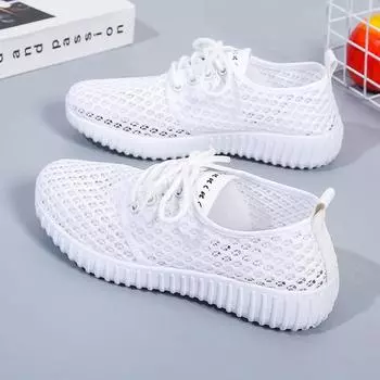 Женская летняя обувь Мягкая подошва Нескользящая универсальная повседневная обувь Однотонная легкая плоская дышащая сетчатая спортивная обувь 35 белый