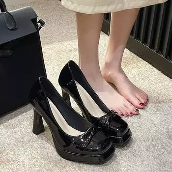 Женская летняя обувь на блочном каблуке с квадратным носком, зеленые туфли на толстом каблуке, очень высокие черные туфли для женщин 2024 года, обычная кожаная повседневная обувь 35