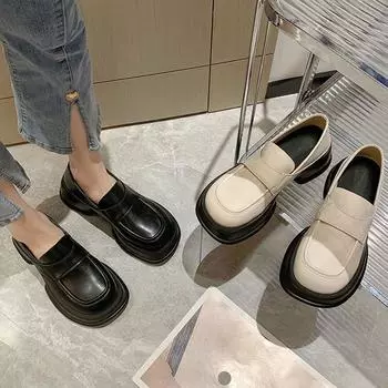 Женская летняя обувь на платформе, туфли для женщин 2024 года, круглый носок, черные, на среднем каблуке, лоферы, без застежек, популярные, повседневные, Young E 35