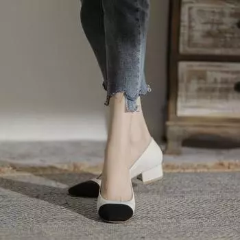 Женская летняя обувь на среднем каблуке Туфли на каблуке для женщин 2024 Офисные обычные кожаные повседневные мокасины с квадратным носком Скидка A 35