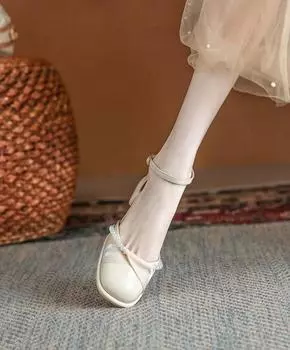 Женская летняя обувь на толстом каблуке для женщин 2024 года, жемчужный круглый носок, блочный каблук, низкие элегантные босоножки, модельная обувь 39 по акции A 35