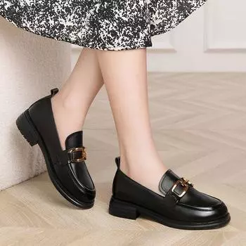 Женская летняя обувь, обычная кожаная повседневная обувь для женщин 2024 года, мокасины с квадратным каблуком, корейский стиль, весна, стильная 35