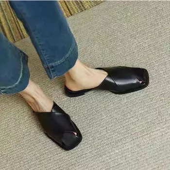 Женская летняя обувь, повседневные тапочки Baotou Mules, однотонные сандалии на плоской подошве, полутапочки, женская верхняя одежда для дома, шлепанцы 35 чёрный