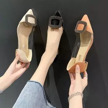 Женская летняя обувь. Прозрачные сандалии из ПВХ. Сандалии на низком квадратном каблуке. Туфли на высоком каблуке с острым носком. 34 бежевый