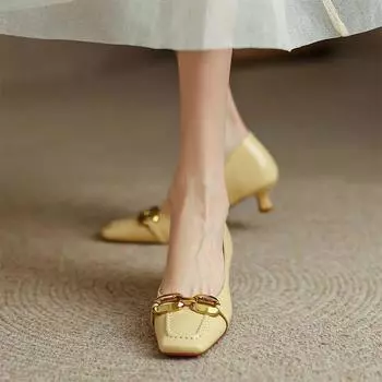 Женская летняя обувь с квадратным носком для женщин 2024 года, мокасины на массивном каблуке, желтые, низкие, элегантные, повседневные, 39, шикарные, AEL 35