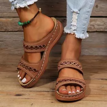 Женская летняя обувь с открытым носком, женские новые удобные женские сандалии на танкетке с двойной пряжкой, обувь на платформе больших размеров, повседневные женские тапочки 35 чёрный