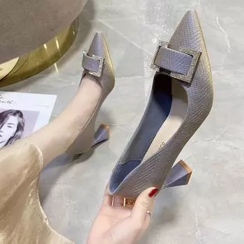 Женская летняя обувь, синие туфли-лодочки для женщин 2024 года на каблуке, свадебные туфли невесты с острым носком и стразами, весна 34
