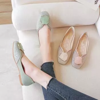 Женская летняя обувь со стразами Туфли для женщин 2024 года, розовые, плоские, с квадратным носком, со стразами, нескользящие, модные, A на E 35