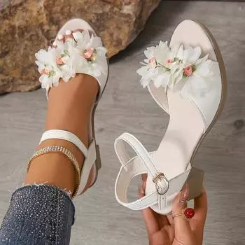 Женская летняя обувь, туфли для свадебного платья, сандалии с цветком принцессы для девочек, повседневная обувь для танцев, плоские сандалии 36