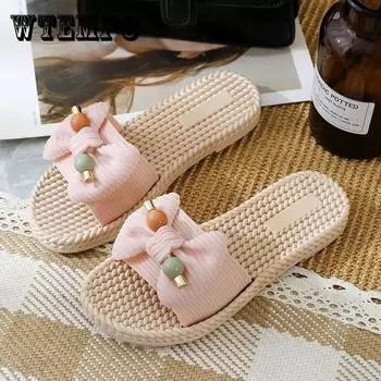 Женская летняя обувь, универсальные повседневные тапочки на мягкой подошве, нескользящие легкие домашние тапочки на плоской подошве с бантом 40