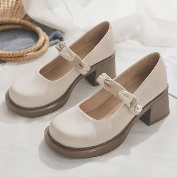 Женская летняя обувь в японском стиле Лолита Туфли для женщин 2024 Туфли-лодочки на квадратном каблуке с круглым носком Туфли Мэри Джейн на платформе Готический жемчуг 35
