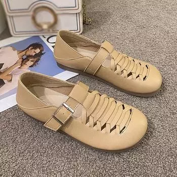 Женская летняя обувь, женская роскошная кожаная повседневная обувь босиком для женщин, тренд 2024 года, удобные плоские модные сандалии для ходьбы на открытом воздухе 35 бежевый