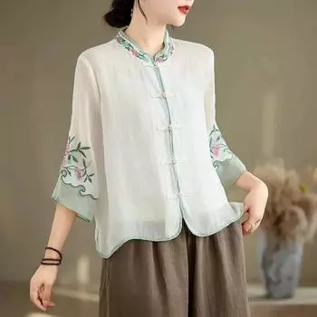 Женская летняя одежда из хлопка и льна, литературная ретро-вышитая рубашка, женский кардиган с дисковыми пуговицами, рукава три четверти, свободный XXXXL белый