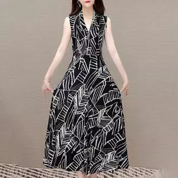 Женская летняя одежда Элегантные тонкие длинные платья Женские высококачественные повседневные платья без рукавов с V-образным вырезом L чёрный