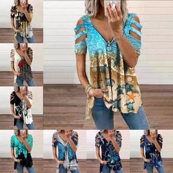 Женская летняя одежда Повседневная с открытыми плечами Топы с короткими рукавами Глубокий V-образный вырез Блузки на молнии Женская мода Футболка Свободные Большие размеры S